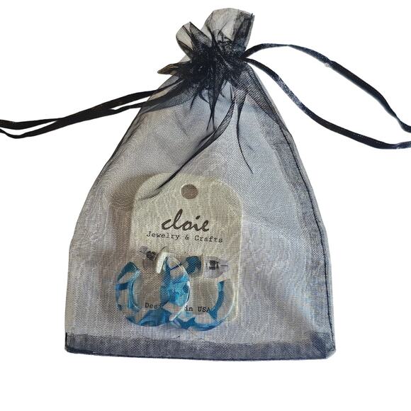 Blue White Resin Hoop Earrings Marbled Acrylic 1.16" Chunky Pierced w/ Gift bag - Picture 5 of 7